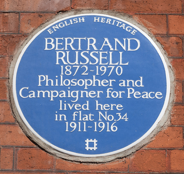 Bertrand Russell blue plaque - Bertrand Russell 1872-1970 philosopher and campaigner for peace lived here in flat no.34 1911-1916