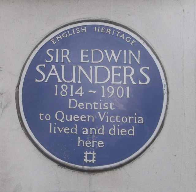 Edwin Saunders blue plaque - Sir Edwin Saunders 1814-1901 dentist to Queen Victoria lived and died here