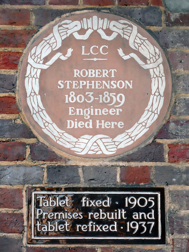 Robert Stephenson brown plaque - Robert Stephenson (1803-1859), engineer, died here.
