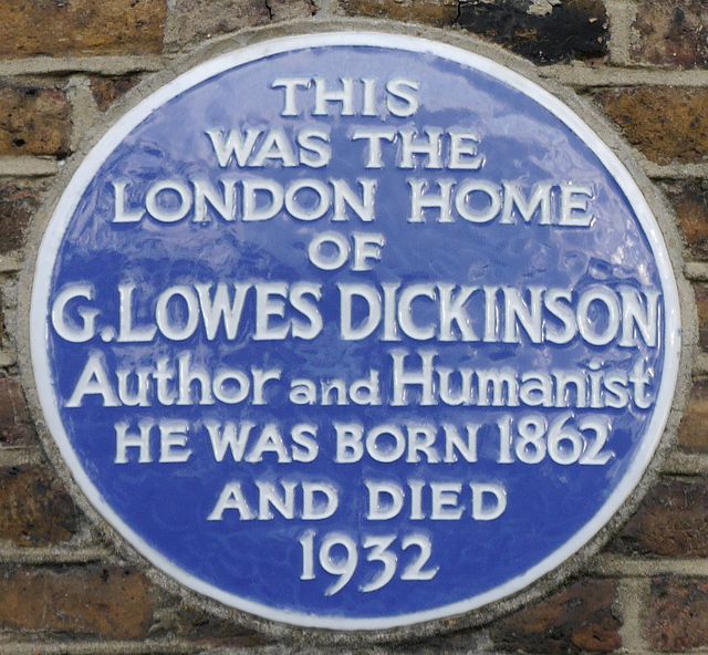 Goldsworthy Lowes Dickinson blue plaque - This was the London home of G. Lowes Dickinson, author and Humanist. He was born 1862 and died 1932.