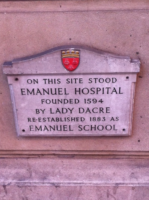 Emanuel Hospital, London, Emanuel School, London, and Anne Fiennes stone plaque - On this site stood Emanuel Hospital founded 1594 by Lady Dacre re-established 1883 as Emanuel School