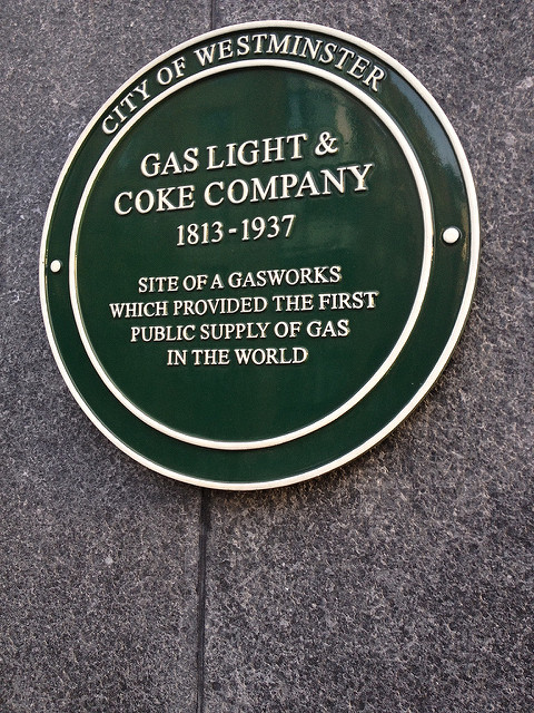 Gas Light & Coke Company green plaque - Gas Light & Coke Company 1813-1937 site of a gasworks which provided the first public supply of gas in the world