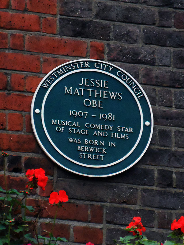 Jessie Matthews green plaque - Jessie Matthews OBE 1907-1981 musical comedy star of stage and films was born in Berwick Street