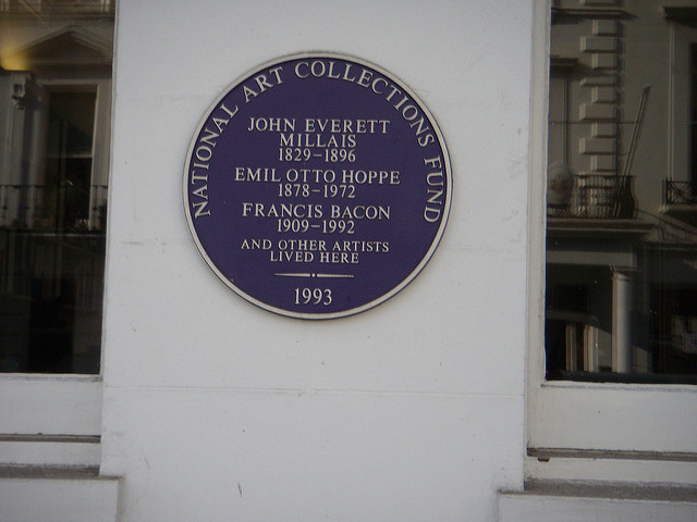 John Everett Millais, Emil Otto Hoppe, and Francis Bacon blue plaque - John Everett Millais 1829-1896, Emil Otto Hoppe 1878-1972, Francis Bacon 1909-1992 and other artists lived here