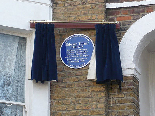 Edward Turner blue plaque - Edward Turner 1901-1973 engineer and designer of Triumph motorcycles, the Ariel Square Four and the Daimler V8 engine. Lived and worked here in the early 1920s.      