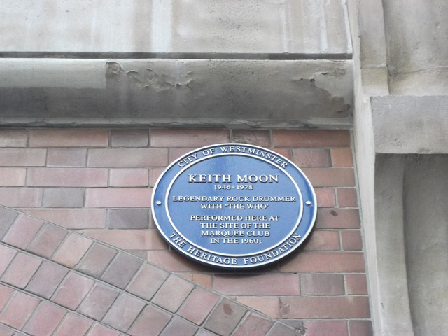 Keith Moon blue plaque - Keith Moon (1946-1978) legendary rock drummer with 'The Who' performed here at the site of the Marquee Club in the 1960s