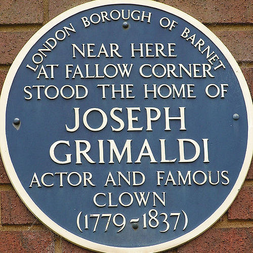 Joseph Grimaldi blue plaque - Near here  at Fallow Corner  stood the home of  Joseph Grimaldi  actor and famous  clown  (1779-1837)