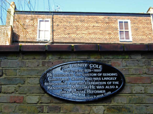 Henry Cole blue plaque - Sir Henry Cole lived here 1879-1880.  He originated the custom of sending Christmas Cards and was largely responsible for the foundation of the Kensington Museum. He was also a great postal reformer. 
