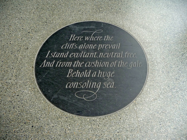 Black plaque № 42727 - Here where the cliffs alone prevail I stand exultant, neutral, free, And from the cushion of the gale Behold a huge consoling sea.