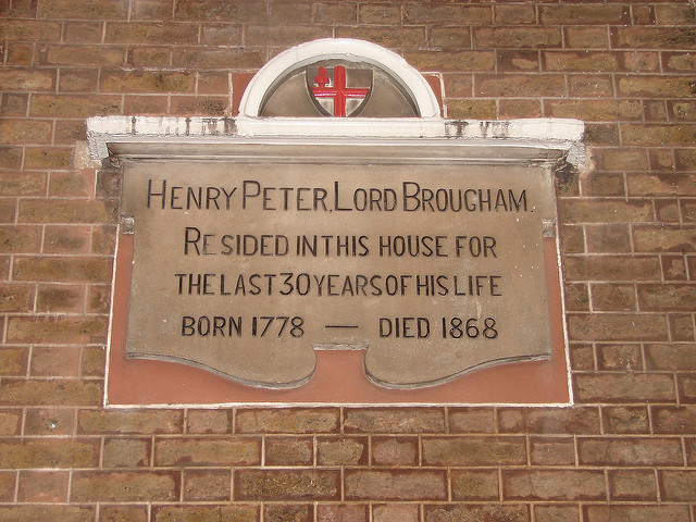 Henry Brougham stone plaque - Henry Peter, Lord Brougham.  Resided in this house for   the last 30 years of his life  Born 1778 - Died 1868