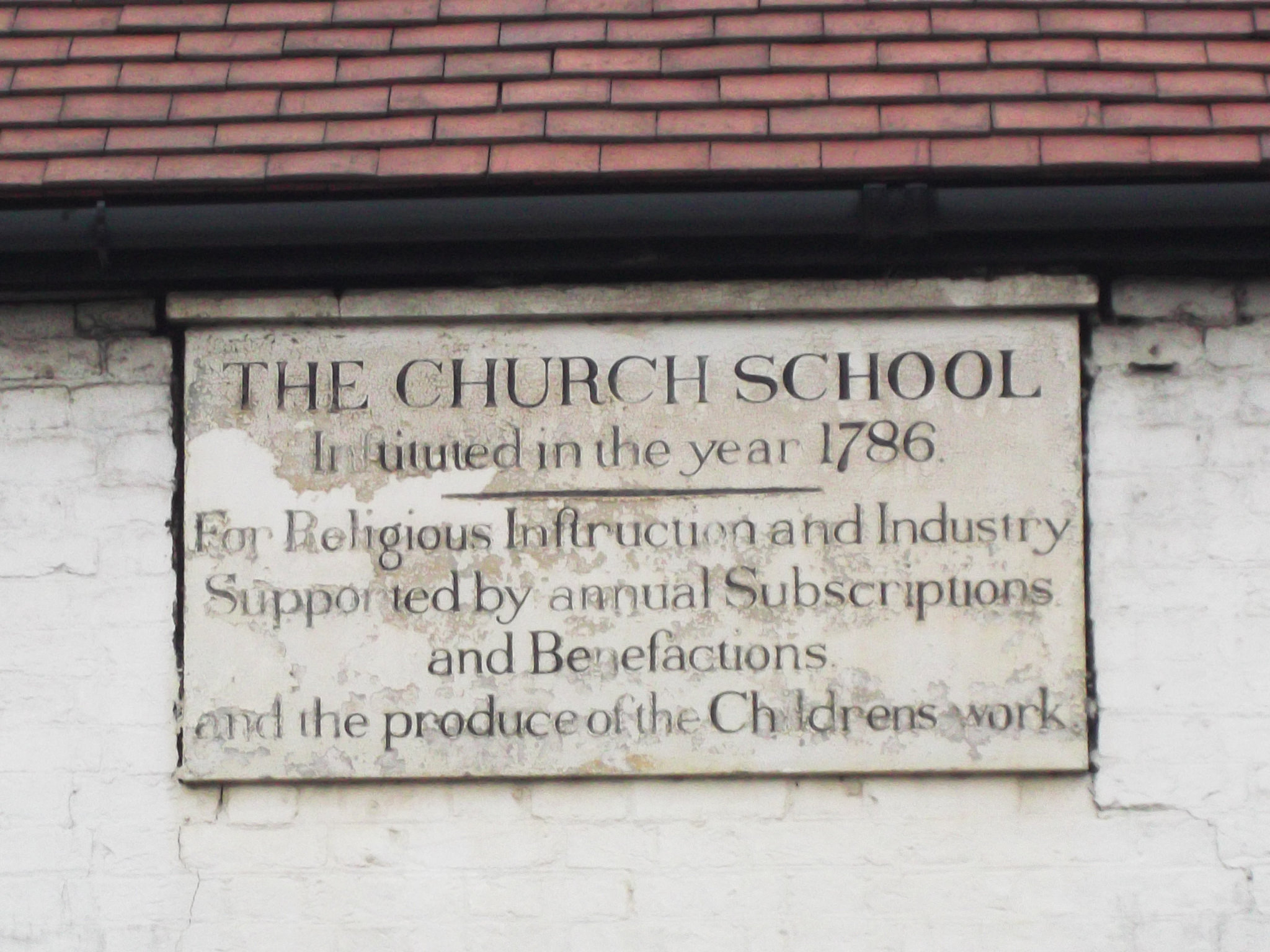 Stone plaque № 12260 - The  Church School Inftituted in the year 1786. |For Religious Infruction and Industry Supported by annual Subscriptions and Benefactions and the produce of the Childrens work