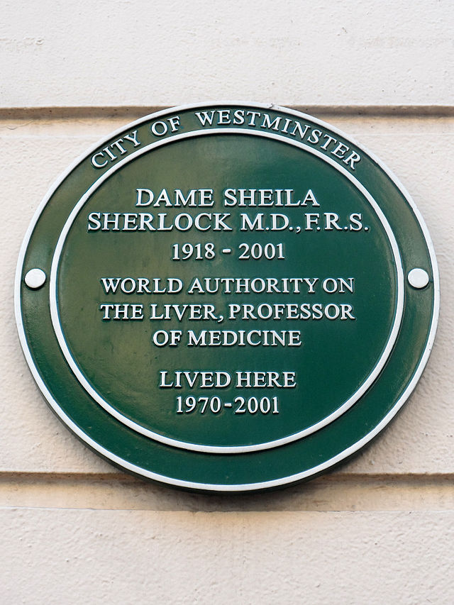 Sheila Sherlock green plaque - Dame Sheila Sherlock MD FRS 1918-2001 World authority on the liver, Professor of medicine lived here 1970-2001