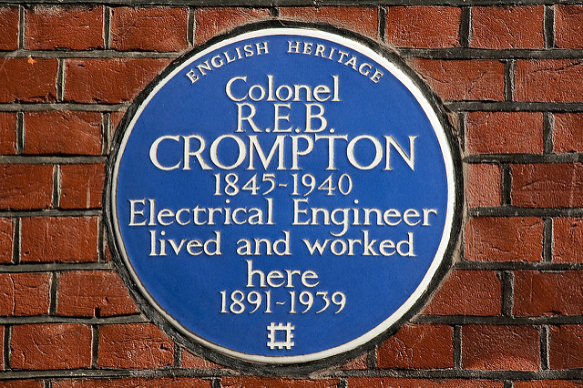 R. E. B. Crompton blue plaque - Colonel R. E. B. Crompton  1845-1940  Electrical Engineer  lived and worked here  1891-1939