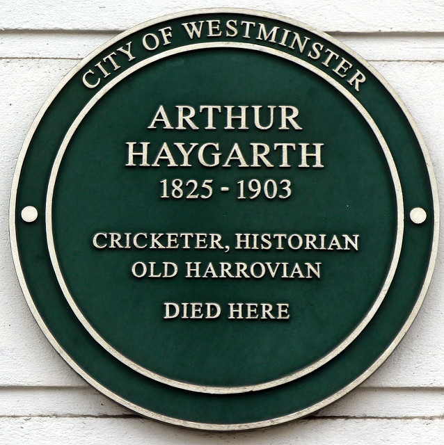 Arthur Haygarth green plaque - Arthur Haygarth 1825-1903 Cricketer, historian, Old Harrovian died here