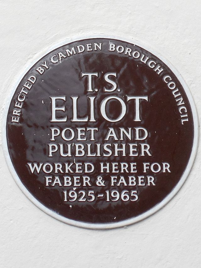 T. S. Eliot brown plaque - T. S. Eliot  poet and  publisher  worked here for  Faber and Faber  1925-1965