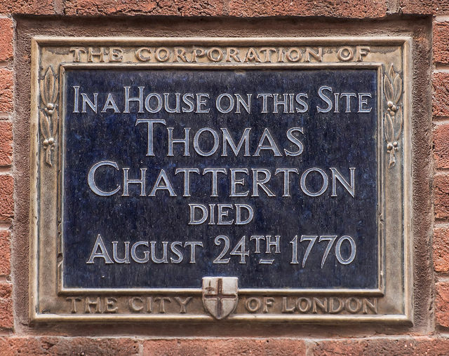 Thomas Chatterton blue plaque - In a house on this site Thomas Chatterton died August 24th 1770