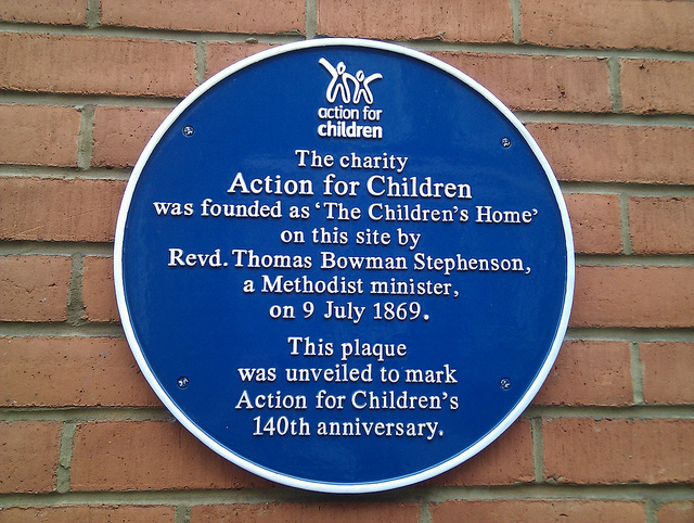 Action for Children and Thomas Bowman Stephenson blue plaque - The charity Action for Children was founded as 'The Children's Home' on this site by Revd. Thomas Bowman Stephenson, a Methodist minister, on 9 July 1869.  This plaque was unveiled to mark Action for Children's 140th anniversary.