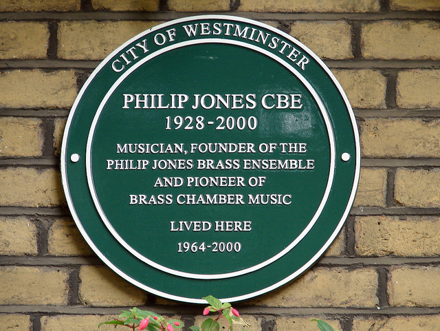 Philip Jones green plaque - Philip Jones CBE  1928 - 2000  Musician, founder of the  Philip Jones brass ensemble  and pioneer of  brass chamber music  lived here  1964 - 2000