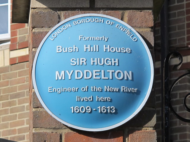 Hugh Myddelton blue plaque - Formerly Bush Hill House. Sir Hugh Myddelton engineer of the New River lived here 1609-1613