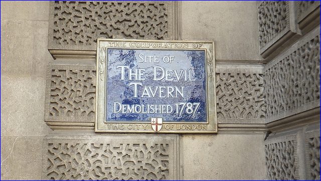 The Devil Tavern, London blue plaque - Site of The Devil Tavern demolished 1787.