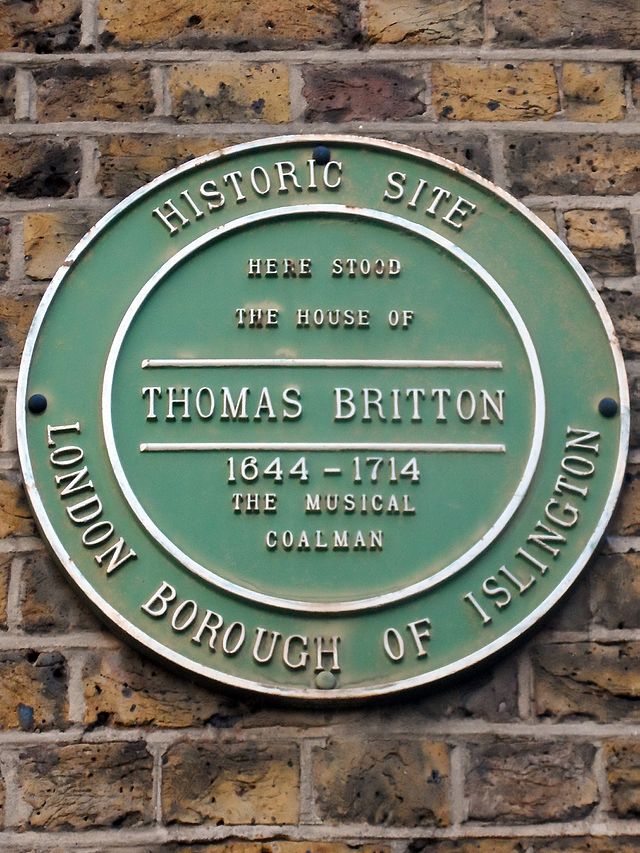 Thomas Britton green plaque - Here stood the house of Thomas Britton 1644-1714 The Musical Coalman