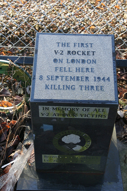 Black plaque № 5022 - The first V-2 rocket on London fell here 8 September 1944 killing three In memory of all V-2 attack victims
