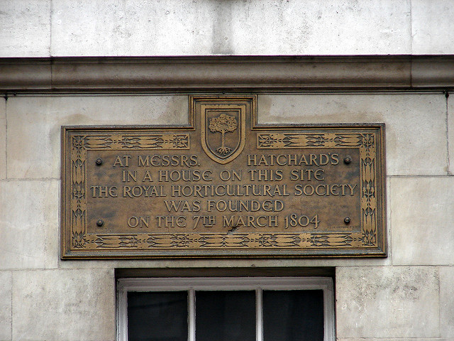Royal Horticultural Society, John Hatchard, and Hatchards brass plaque - At Messrs. Hatchard's in a house on this site the Royal Horticultural Society was founded on the 7th March 1804