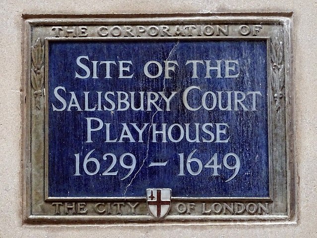 Salisbury Court Playhouse blue plaque - Site of The Salisbury Court Playhouse 1629-1649