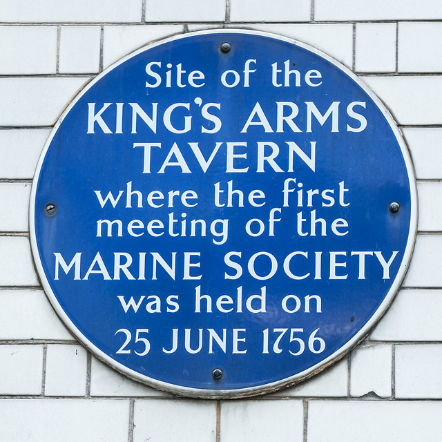 Marine Society, King's Arms Tavern, London, and Jonas Hanway blue plaque - Site of the King's Arms Tavern where the first meeting of the Marine Society was held on 25 June 1756