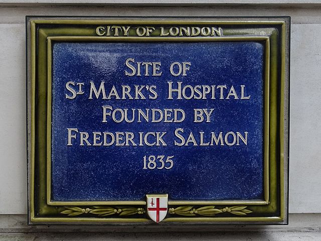 Frederick Salmon blue plaque - Site of St Mark's Hospital founded by Frederick Salmon 1835