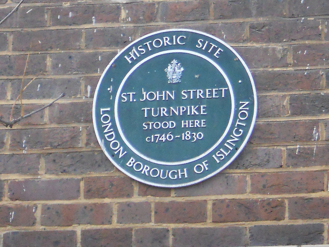 St. John Street Turnpike green plaque - St. John Street Turnpike stood here c1746-1830