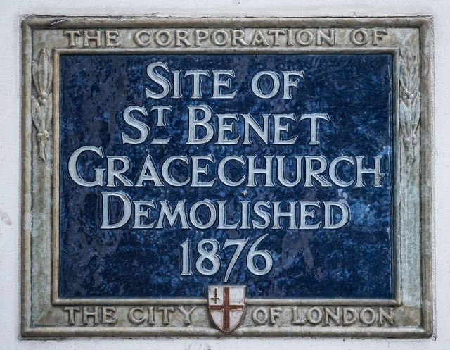St. Benet Gracechurch, London blue plaque - Site of St. Benet Gracechurch demolished 1876