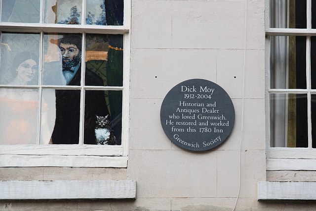 Dick Moy grey plaque - Dick Moy   1932-2004   Historian and   Antiques Dealer   who loved Greenwich.   He restored and worked   from this 1780 Inn