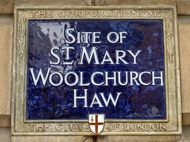St. Mary Woolchurch Haw, London blue plaque - Site of St. Mary Woolchurch Haw