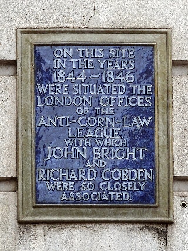 Richard Cobden and John Bright blue plaque - On this site in the years 1844-1846 were situated the London offices of the Anti-Corn Law League, with which John Bright and Richard Cobden were so closely associated.